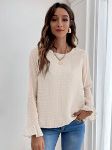 SHEIN Frenchy 圓點荷葉袖襯衫 - 杏色 - 查看 3