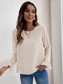 SHEIN Frenchy 圓點荷葉袖襯衫 - 杏色 - 查看 4