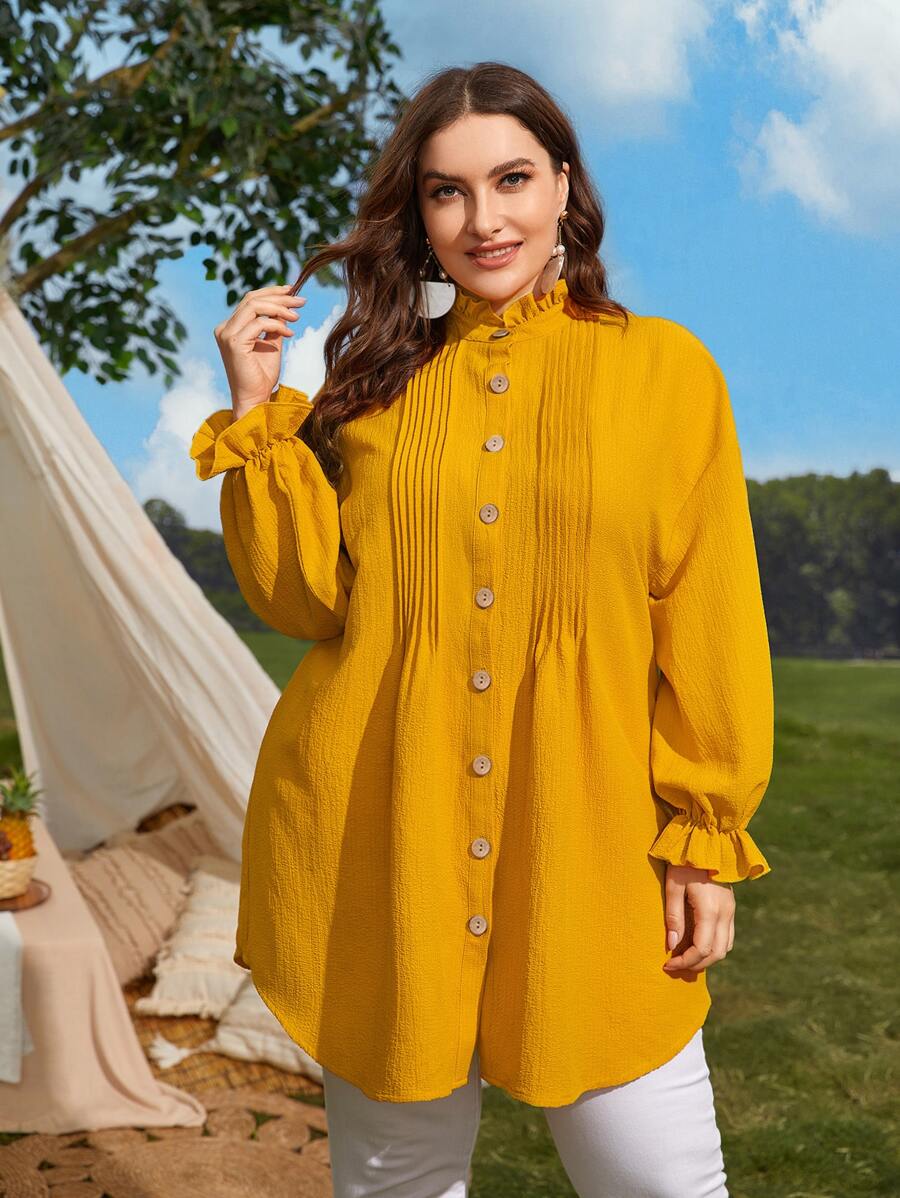 Mulvari Áo sơ mi Plus Size viền lá sen Xù Nút phía trước màu trơn Thanh lịch - Màu vàng - Xem 1