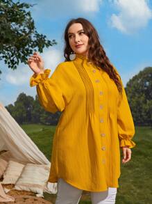 Mulvari Áo sơ mi Plus Size viền lá sen Xù Nút phía trước màu trơn Thanh lịch - Màu vàng - Xem 3