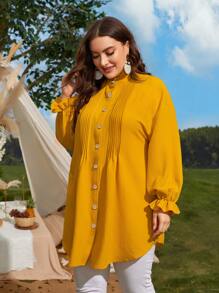 Mulvari Áo sơ mi Plus Size viền lá sen Xù Nút phía trước màu trơn Thanh lịch - Màu vàng - Xem 4