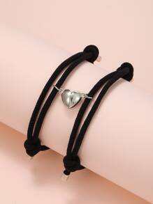 RINTOLER 2pcs Couple Minimalist Heart Lovers Matching Friendship Bracelet Rope Braided Magnetic Distance Bracelet Kit Lover Jewelry - Black - View 2