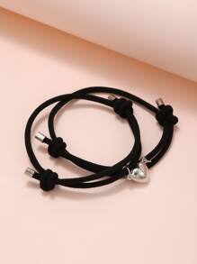 RINTOLER 2pcs Couple Minimalist Heart Lovers Matching Friendship Bracelet Rope Braided Magnetic Distance Bracelet Kit Lover Jewelry - Black - View 3