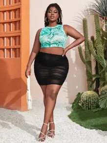 Slaydiva Plus Ruched Panty Insert Mesh Bodycon Skirt - Black - View 3