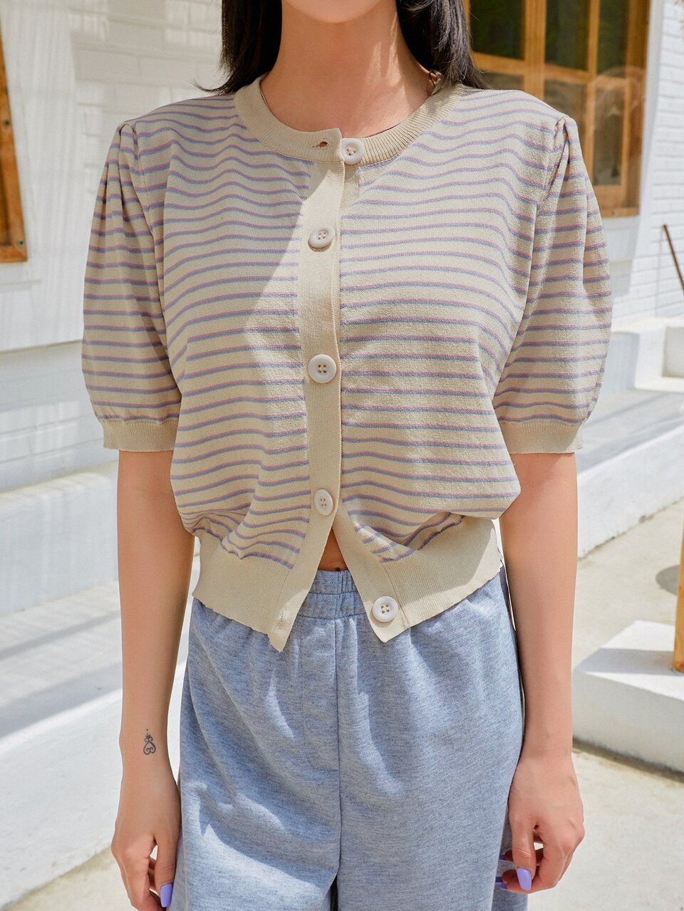 Striped Pattern Puff Sleeve Cardigan