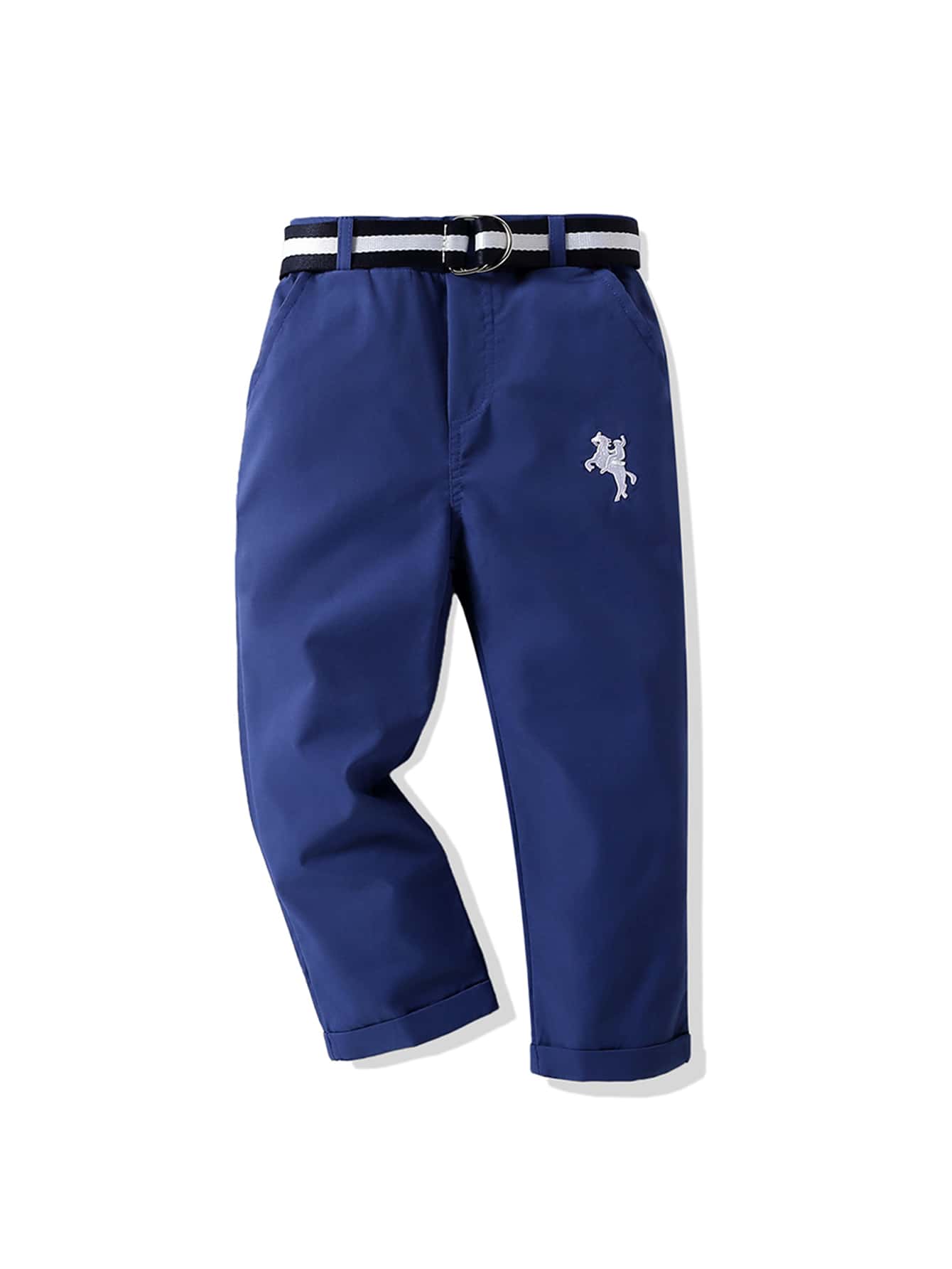 SHEIN 男小童馬和人物刺繡腰帶長褲