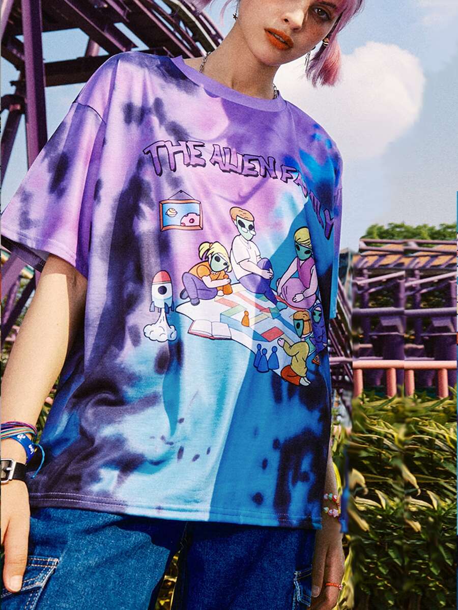ROMWE Street Life 1pc Tie Dye Alien Graphic Tee - Multicolor - View 1