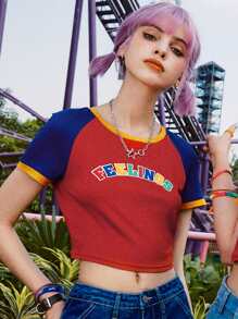ROMWE Street Life 1 pieza Camiseta corta de color combinado con estampado de letra - Multicolor - Ver 1