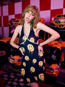 ROMWE Street Life Cartoon Face Print Contrast Binding Halter Dress - Black - View 4