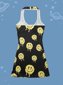 ROMWE Street Life Cartoon Face Print Contrast Binding Halter Dress - Black - View 8