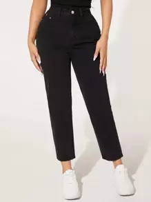 SHEIN PETITE Quần jean nữ Nút Túi Dây kéo màu trơn - màu đen - Xem 3