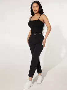 SHEIN PETITE Quần jean nữ Nút Túi Dây kéo màu trơn - màu đen - Xem 4