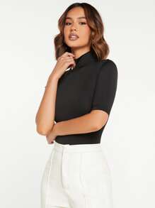 SHEIN BASICS Solid Mock Neck Bodysuit - Black - View 3