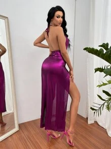 SHEIN SXY Đầm Lộ Lưng Vắt Buộc lại Tách cao màu trơn Gợi cảm - Màu đỏ tím - Xem 2