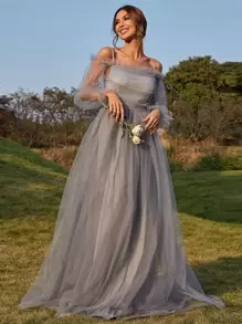 Missord Cold Shoulder Flounce Sleeve Mesh Formal Dress - Grey - View 1