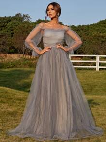 Missord Cold Shoulder Flounce Sleeve Mesh Formal Dress - Grey - View 4