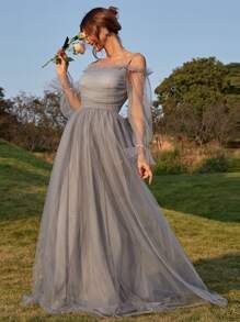 Missord Cold Shoulder Flounce Sleeve Mesh Formal Dress - Grey - View 5