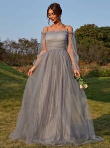 Missord Cold Shoulder Flounce Sleeve Mesh Formal Dress - Grey - View 6