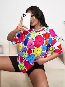 SHEIN SXY 卡通臉圖案落肩T恤 - 彩色 - 查看 1