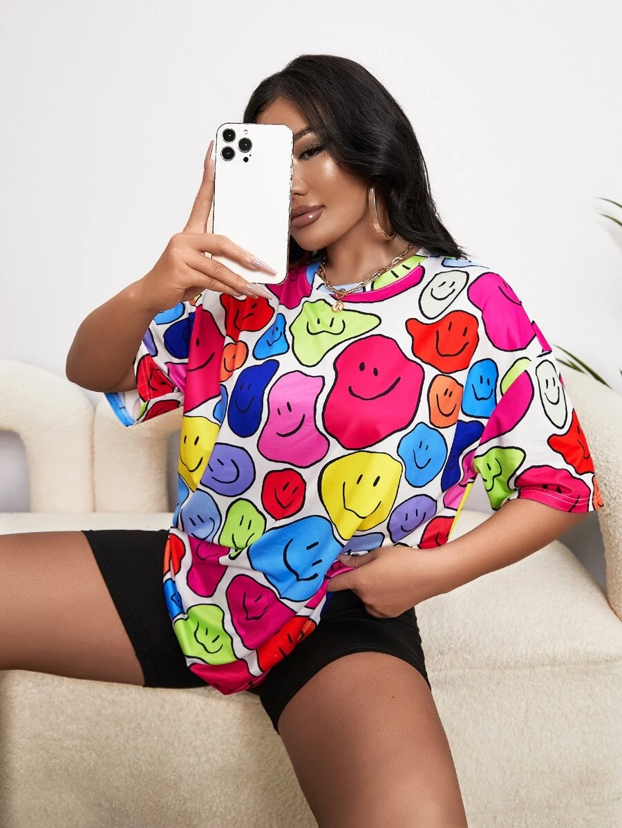 SHEIN SXY 卡通臉圖案落肩T恤 - 彩色 - 查看 1