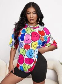 SHEIN SXY 卡通臉圖案落肩T恤 - 彩色 - 查看 3