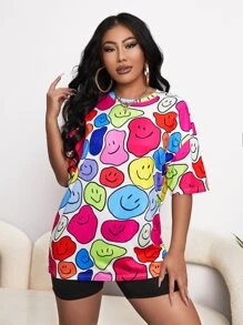 SHEIN SXY 卡通臉圖案落肩T恤 - 彩色 - 查看 5