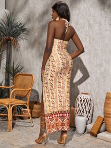 SHEINNeu Allover Print Tie Backless Split Thigh Halter Dress - Multicolor - View 2