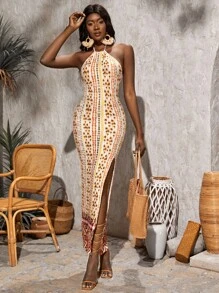 SHEINNeu Allover Print Tie Backless Split Thigh Halter Dress - Multicolor - View 4