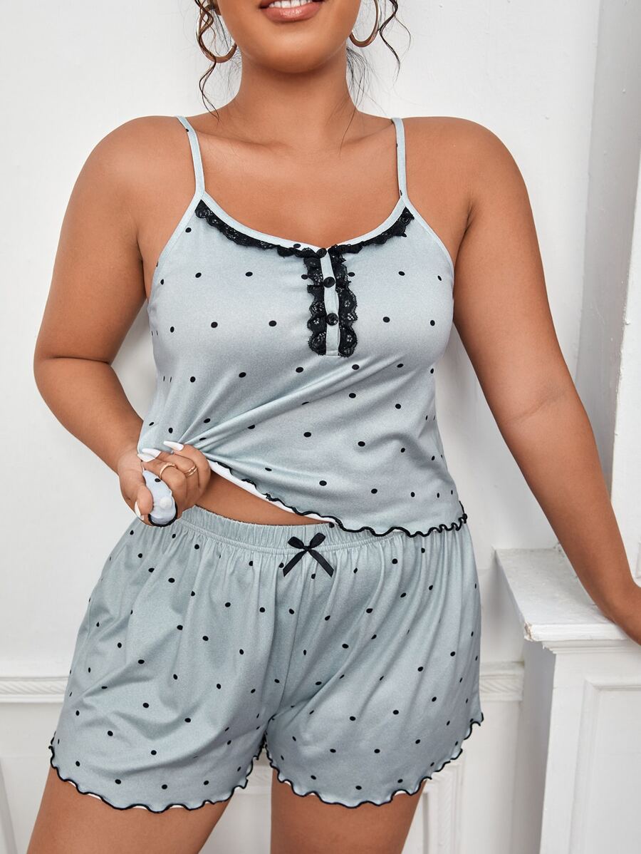Plus Polka Dot Print Contrast Lace Cami Top & Shorts PJ Set / Pajama Set - Grey - View 1
