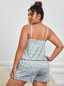 Plus Polka Dot Print Contrast Lace Cami Top & Shorts PJ Set / Pajama Set - Grey - View 2