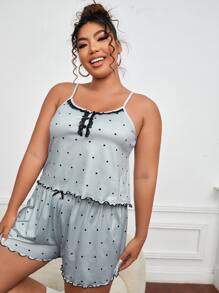 Plus Polka Dot Print Contrast Lace Cami Top & Shorts PJ Set / Pajama Set - Grey - View 3