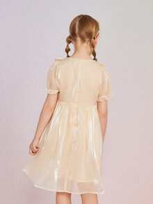 Niñas Vestido con diseño de perla ribete con fruncido de manga farol - Albaricoque - Ver 2