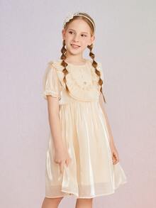 Niñas Vestido con diseño de perla ribete con fruncido de manga farol - Albaricoque - Ver 3