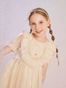 Niñas Vestido con diseño de perla ribete con fruncido de manga farol - Albaricoque - Ver 4