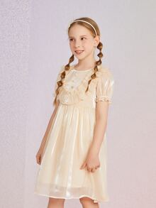 Niñas Vestido con diseño de perla ribete con fruncido de manga farol - Albaricoque - Ver 5