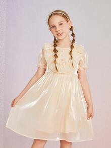 Niñas Vestido con diseño de perla ribete con fruncido de manga farol - Albaricoque - Ver 6