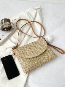 翻蓋草編包附包飾書包適用於青少年大學學生 - 卡其色 - 查看 3