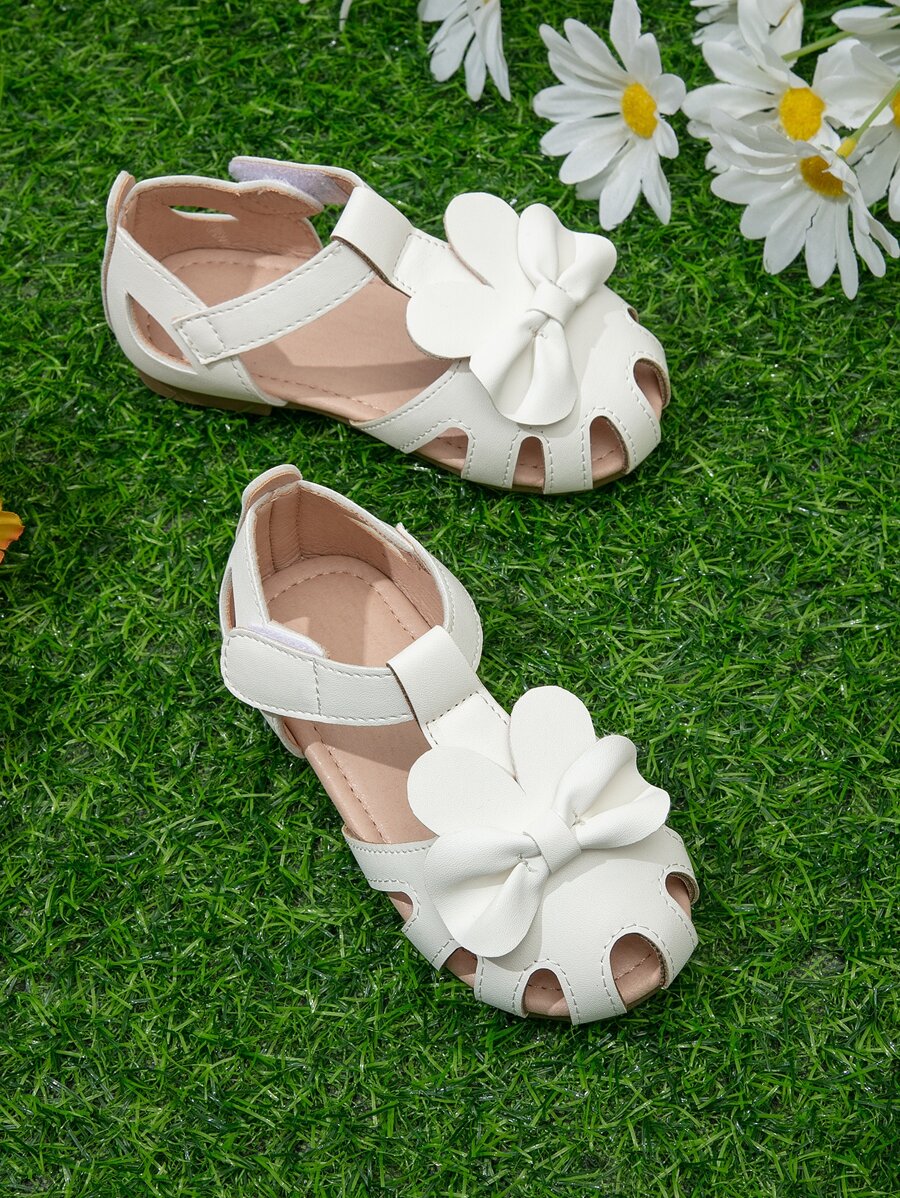 Girls Bow Decor Cut Out Ankle Strap Flats