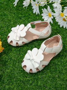 Girls Bow Decor Cut Out Ankle Strap Flats - White - View 3
