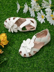 Girls Bow Decor Cut Out Ankle Strap Flats - White - View 5