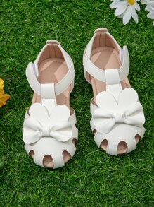 Girls Bow Decor Cut Out Ankle Strap Flats - White - View 6