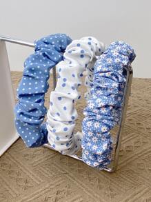 3 件波尔卡圆点和碎花印花褶皱头带，适合日常旅行约会度假波西米亚风、发带、发箍