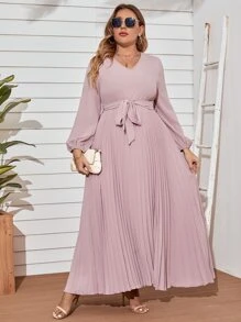 Modelyn Vestido largo con manga farol, pliegues en el bajo y cinturón para mujeres, vestido de noche largo