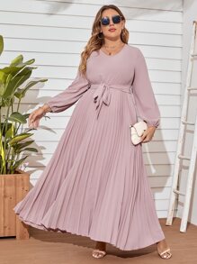 Modelyn Vestido largo con manga farol, pliegues en el bajo y cinturón para mujeres, vestido de noche largo