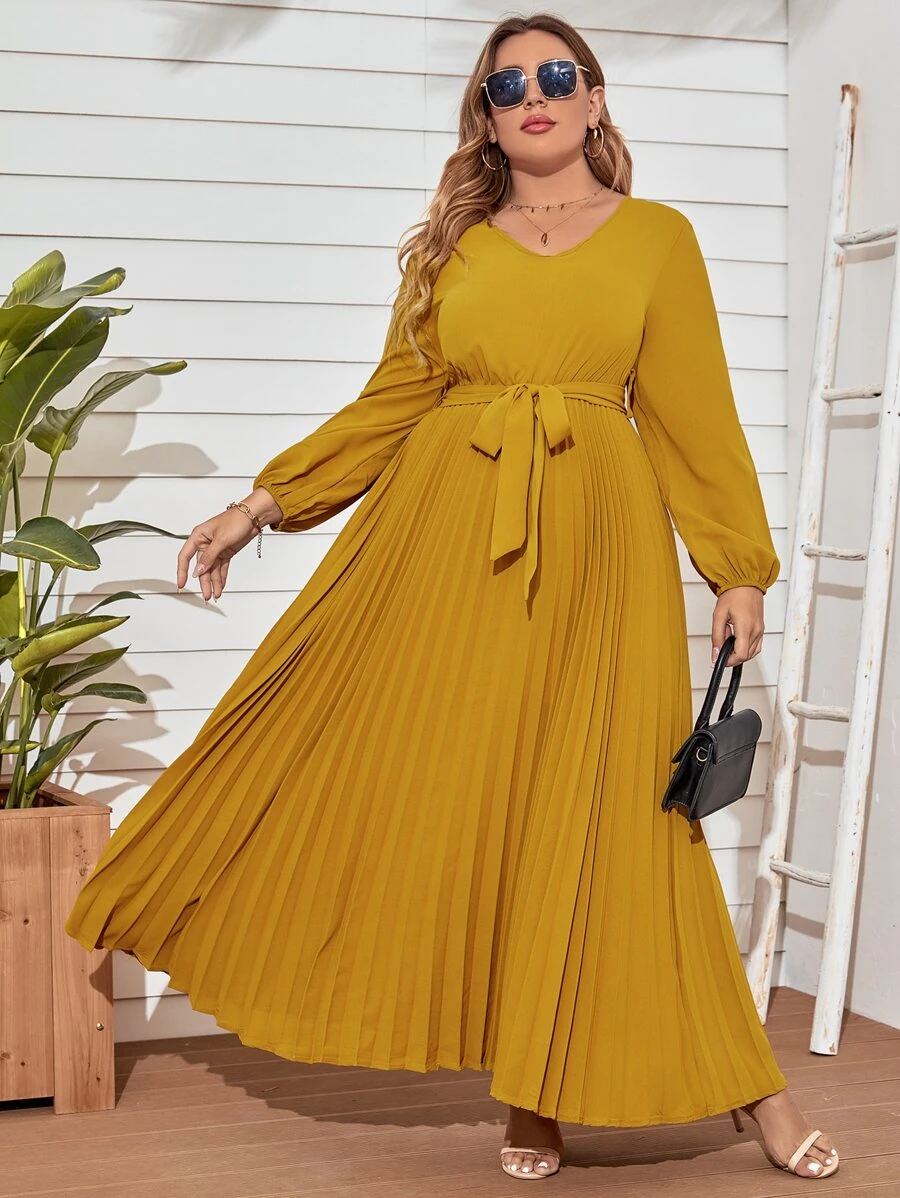 Modelyn Đầm Plus Size Thắt lưng Xếp li màu trơn Thanh lịch - Màu Mù tạt vàng - Xem 1