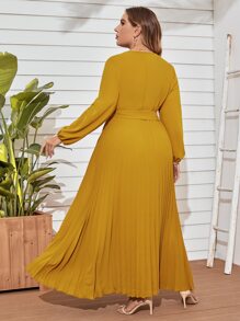 Modelyn Đầm Plus Size Thắt lưng Xếp li màu trơn Thanh lịch - Màu Mù tạt vàng - Xem 2