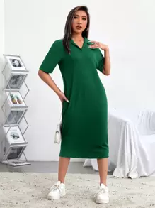 Muchica Women's Solid Color Drop Shoulder Short Sleeve Casual Knit Dress - Dark Green - View 1