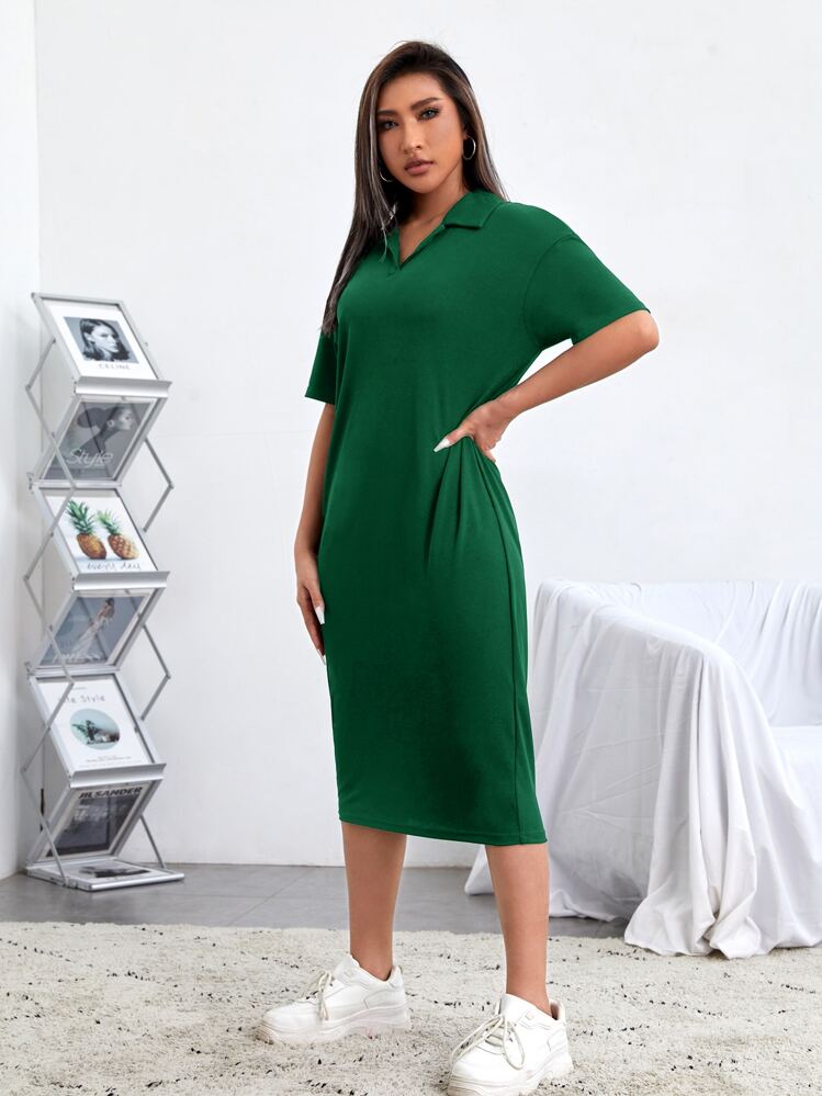 Muchica Váy dệt kim tay ngắn hở vai màu trơn đơn giản dành cho nữ - Màu xanh lá cây đậm - Xem 3
