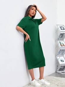 Muchica Women's Solid Color Drop Shoulder Short Sleeve Casual Knit Dress - Dark Green - View 5
