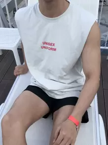 DAZY 男士棉字母圖案背心上衣 - 白色 - 查看 1